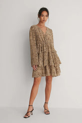 Elegant Beige Floral Crepe Kimono Dress with V Neck and Flounce Layers