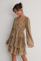 Elegant Beige Floral Crepe Kimono Dress with V Neck and Flounce Layers