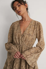 Elegant Beige Floral Crepe Kimono Dress with V Neck and Flounce Layers