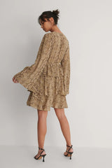 Elegant Beige Floral Crepe Kimono Dress with V Neck and Flounce Layers