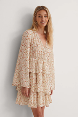 Elegant White Crepe Floral Dress with Flutter Sleeves & Layered Flounce
