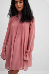 Stylish Pink Georgette Dress with Puff Sleeves - Solid Color Fashion