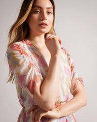 Stylish Multi A-line Georgette Dress with Printed Short Sleeves & V Neck