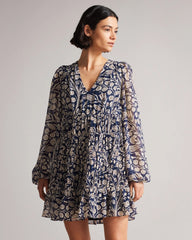 Stylish Blue Boho V Neck Dress - Long Sleeves, Georgette, Printed Design