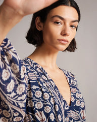 Stylish Blue Boho V Neck Dress - Long Sleeves, Georgette, Printed Design