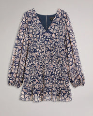 Stylish Blue Boho V Neck Dress - Long Sleeves, Georgette, Printed Design