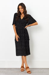 Stylish Black Poly Rayon Polka Dot V Neck Dress with Flutter Sleeves