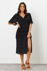 Stylish Black Poly Rayon Polka Dot V Neck Dress with Flutter Sleeves