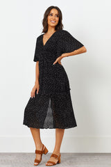 Stylish Black Poly Rayon Polka Dot V Neck Dress with Flutter Sleeves