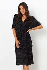 Stylish Black Poly Rayon Polka Dot V Neck Dress with Flutter Sleeves