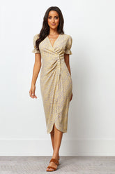 Stylish Brown Floral Poly Rayon A-line Dress with V Neck & Short Sleeves