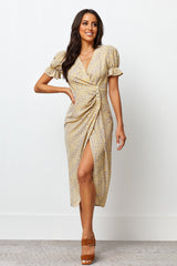 Stylish Brown Floral Poly Rayon A-line Dress with V Neck & Short Sleeves