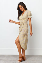 Stylish Brown Floral Poly Rayon A-line Dress with V Neck & Short Sleeves