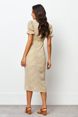 Stylish Brown Floral Poly Rayon A-line Dress with V Neck & Short Sleeves
