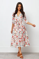 White Poly Rayon Floral Print V Neck Dress with Balloon Sleeves - Stylish & Elegant