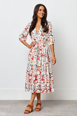 White Poly Rayon Floral Print V Neck Dress with Balloon Sleeves - Stylish & Elegant