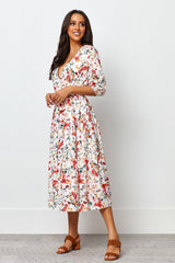 White Poly Rayon Floral Print V Neck Dress with Balloon Sleeves - Stylish & Elegant