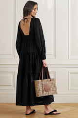 Chic Black Cotton Dress with Solid Bishop Sleeves - Perfect for Any Occasion