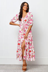 White Poly Rayon Floral Print Puff Sleeve Dress - Stylish & Elegant Women's Fashion