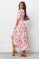 White Poly Rayon Floral Print Puff Sleeve Dress - Stylish & Elegant Women's Fashion