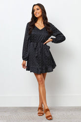 Elegant Black Poly Satin Swiss Dot V Neck Dress with Balloon Sleeves - Shop Now