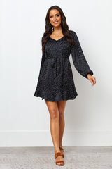 Elegant Black Poly Satin Swiss Dot V Neck Dress with Balloon Sleeves - Shop Now