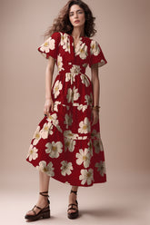 Red Floral Print A-line Mock Dress - Short Sleeves Poly Rayon Fashion Outfit
