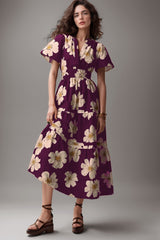 Wine Floral Print A-line Mock Dress - Short Sleeves Poly Rayon Fashion Outfit