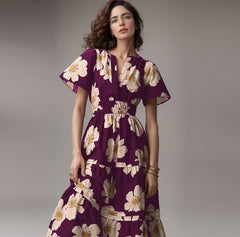 Wine Floral Print A-line Mock Dress - Short Sleeves Poly Rayon Fashion Outfit