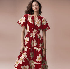 Red Floral Print A-line Mock Dress - Short Sleeves Poly Rayon Fashion Outfit