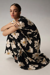 Black Floral Print A-line Mock Dress - Short Sleeves Poly Rayon Fashion Outfit