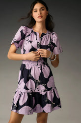 Stylish Purple A-line Poly Rayon Dress with Print & Short Sleeves - Round Neck
