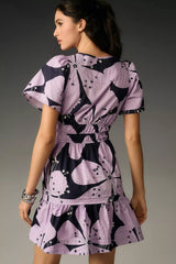 Stylish Purple A-line Poly Rayon Dress with Print & Short Sleeves - Round Neck