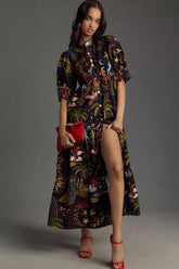 Stylish Black A-line Poly Rayon Long Dress with Printed Short Sleeves