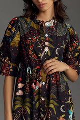 Stylish Black A-line Poly Rayon Long Dress with Printed Short Sleeves