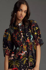 Stylish Black A-line Poly Rayon Long Dress with Printed Short Sleeves