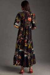 Stylish Black A-line Poly Rayon Long Dress with Printed Short Sleeves