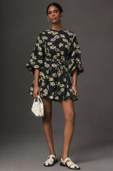 Stylish Black Printed Balloon Sleeve Dress With Braided Waist Belt - Crepe Round Neck Design