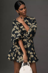 Stylish Black Printed Balloon Sleeve Dress With Braided Waist Belt - Crepe Round Neck Design