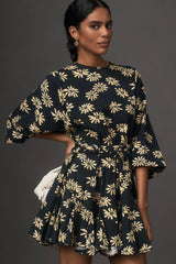 Stylish Black Printed Balloon Sleeve Dress With Braided Waist Belt - Crepe Round Neck Design