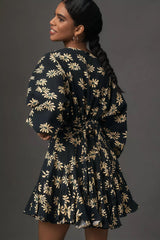 Stylish Black Printed Balloon Sleeve Dress With Braided Waist Belt - Crepe Round Neck Design