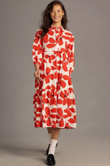 Peach Floral Print A-line Dress with Puff Sleeves and Collar - Poly Rayon Fabric