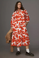 Peach Floral Print A-line Dress with Puff Sleeves and Collar - Poly Rayon Fabric