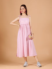 Elegant Baby Pink Poly Rayon Square Neck Dress With Checkered & Sleeveless