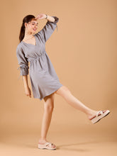 Stylish Grey Crepe Short Dress with Long Sleeves - Solid Overlap Design