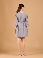 Stylish Grey Crepe Short Dress with Long Sleeves - Solid Overlap Design