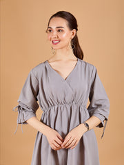 Stylish Grey Crepe Short Dress with Long Sleeves - Solid Overlap Design