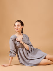 Stylish Grey Crepe Short Dress with Long Sleeves - Solid Overlap Design