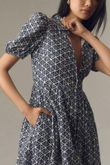 Stylish Black Poly Rayon V-Neck Dress With Geometric & Balloon Sleeve