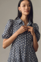 Stylish Black Poly Rayon V-Neck Dress With Geometric & Balloon Sleeve